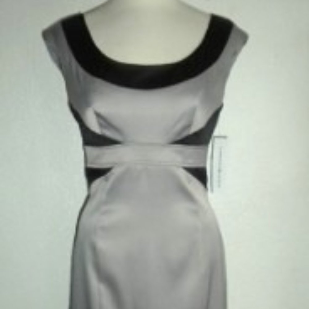 LONDON STYLE MS SIZE 8 SILVER GRAY SHEEN AND BLACK SCOOPNECK COLORBLOCK DRESS